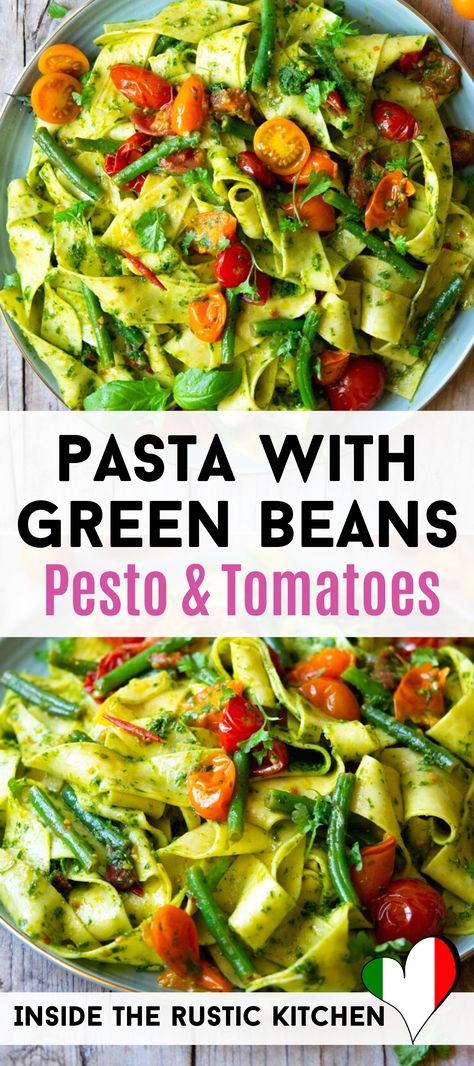 Pasta with Green Beans and Pesto - Perfect for Spring/Summer. Pappardelle pasta with green beans, cherry tomatoes and parsley pesto. This simple pasta sauce is ready by the time the pasta is cooked and it couldn’t be easier. It’s simple, fresh, flavourful and perfect for weeknights! #pasta #greenbeans #pesto Pasta Green Beans, Green Beans And Pasta, Green Beans Pasta, Green Bean Pasta, Green Pesto Pasta, Pesto Green Beans, Simple Pasta Sauce, Green Beans Tomatoes, Pasta With Green Beans