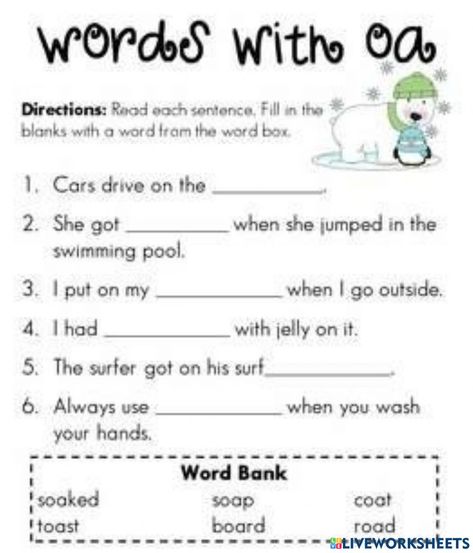 Oa words interactive worksheet Words With Oa Sound, Oa Words, Sounds Worksheet, Vowel Pairs, Phonics Printables, Phonics Worksheets Free, English Grammar For Kids, Vowel Teams, Reading Tutoring