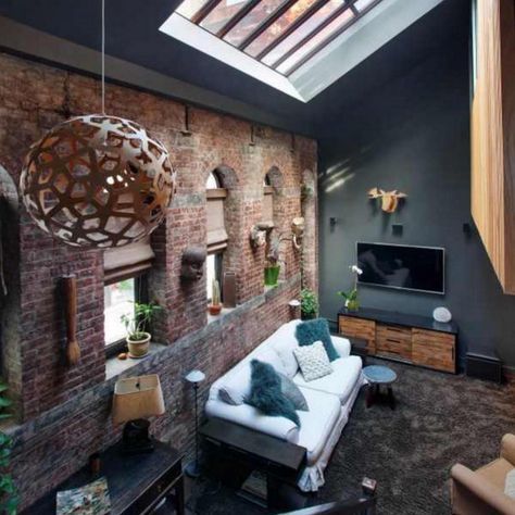 Brick Interior Design, Brick Wall Bedroom, Brick Wall Living Room, Brick Bedroom, Brick Living Room, Industrial Exterior, Brick Room, Brick Accent Wall, Black Brick Wall