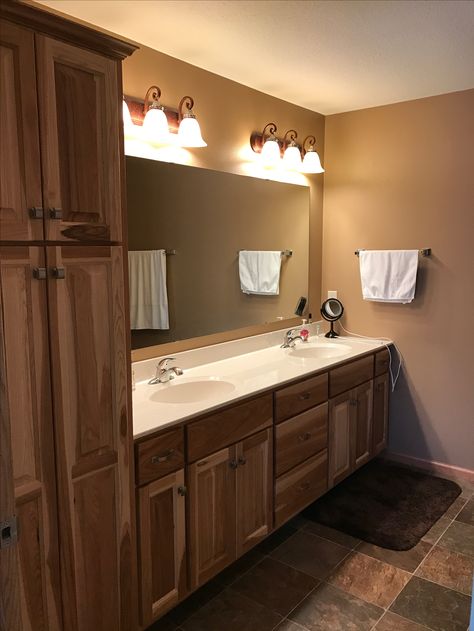 Hickory cabinets & vanity Hickory Cabinets Bathroom, Hickory Bathroom, Bathroom With Hickory Cabinets, Hickory Bathroom Vanity, Natural Hickory Bathroom Cabinets, Rustic Hickory Cabinets The Home Depot, Hickory Bathroom Vanity Master Bath, Hickory Cabinets, Paint For Kitchen Walls