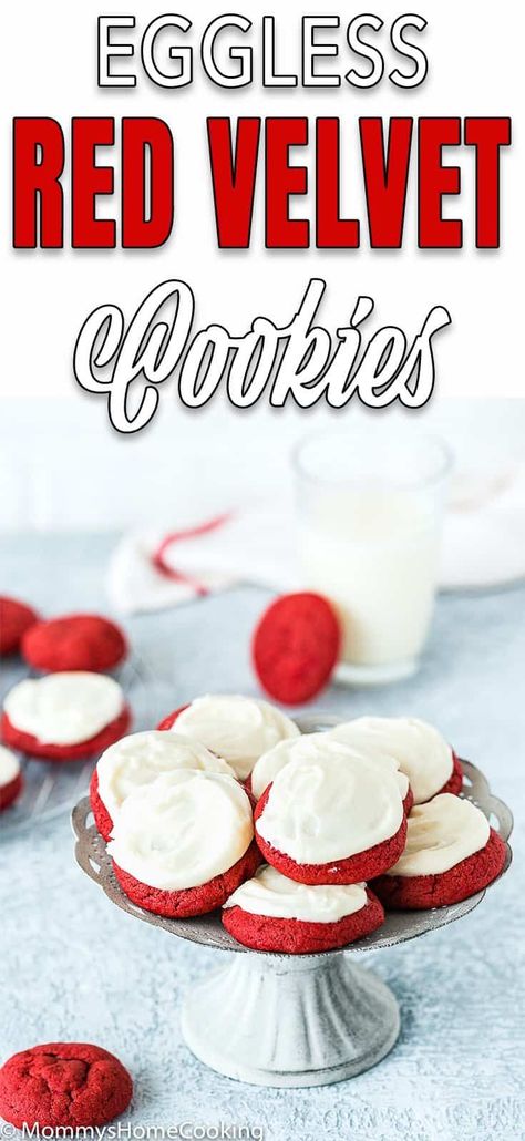 These Eggless Red Velvet Cookies are soft, chewy, and amazingly delicious! They are easy and quick to make. No chilling time needed. No weird ingredients. #recipe #cookies #eggless #egglessbaking #eggallergy #redvelvet #easy #holiday Velvet Cookies Recipe, Red Velvet Cookies Recipe, Red Velvet Cookie Recipe, Cookies Eggless, Eggless Cookie Recipes, Chocolate Marshmallow Cookies, Salted Caramel Pretzels, Chocolate Chip Shortbread Cookies, Salted Caramel Mocha