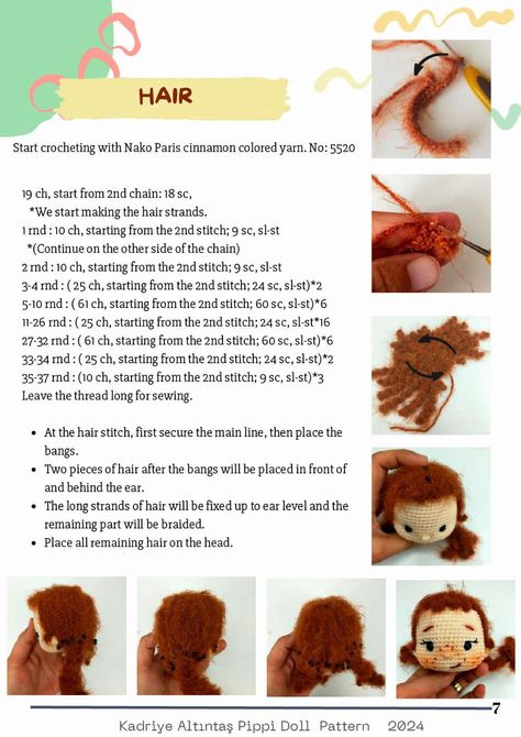 PİPPİ DOLL crochet patttern Cinnamon Color, Doll Crochet, Hair Starting, Crochet Doll Pattern, Crochet Toys Patterns, Crochet Basics, Doll Pattern, Crochet Doll, Stuffed Toys Patterns