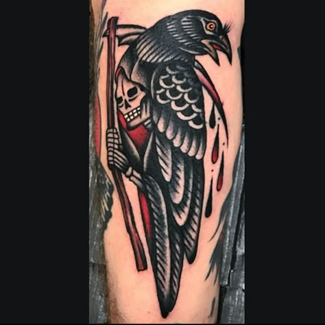 American Traditional Tattoos Crow, Traditional Tattoo Crow, Traditional Raven Tattoo, Raven Crow Tattoo, Traditional Nature Tattoo, Mashup Tattoo, Crow Reference, Crow Tattoo Ideas, Traditional Tattoo Arm