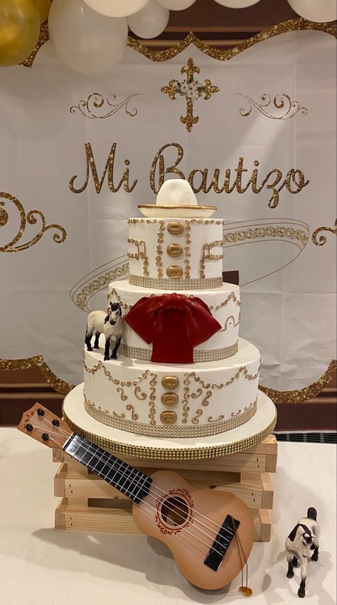 Mariachi Theme Party Decoration, Bautizo Ideas Decoracion Charro, Charro Birthday Cake, White And Gold Charro Quinceanera Theme, Charro Backdrop Ideas, Charro Quince Ideas, Mariachi Invitations, Mexican Baptism Ideas Boy, Mexican Bautizo Ideas