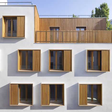 Passage de la Brie social housing - narrow st in 19ème arrondissement of Paris Apartments Elevation, White Stucco Exterior, Apartment Building Exterior, Architecture Photoshop, Renovation Facade, Houses Architecture, Collective Housing, Multifamily Housing, Wooden Facade