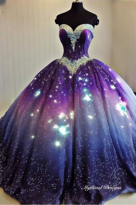 Quinceanera Dresses Galaxy, Luxury Purple Princess Dress For Party, Purple Galaxy Prom Dress, Galaxy Princess Dress, Purple Galaxy Gown, Star Magic Ball Gowns, Purple Princess Dress, Flower Prom Dress, Light Up Dresses