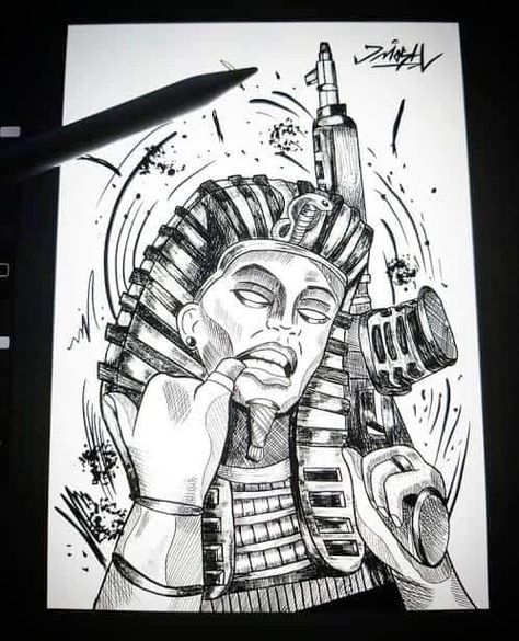 King Tut Tattoo, Dope Drawings, Egyptian Tattoos, Drawing Tut, Tattoo Ideas Males, Egyptian Tattoo Sleeve, Gangsta Tattoos, Egypt Tattoo, King Tattoos