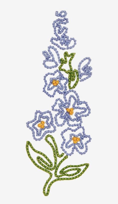 Couching Embroidery, Delphinium Flowers, Flamingo Pattern, Embroidery Patterns Free, Needlepoint Kits, Embroidery Fashion, Delphinium, Stitch Embroidery, Free Embroidery