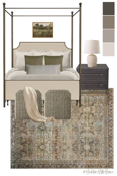 Primary bedroom decor mood board with brown, beige and green tones throughout! This affordable bedroom design has a canopy bed