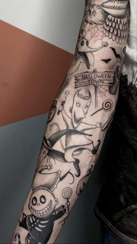 Nightmare Before Christmas Tattoo Leg Sleeve, Other Mother Coraline Tattoo, Tim Burton Hand Tattoo, Tim Burton Patchwork Tattoo, Tim Burton Sleeve Tattoo, Nightmare Before Christmas Tattoo Sleeve, Nightmare Before Christmas Sleeve, Lock Shock And Barrel Tattoo, Tim Burton Tattoo Ideas