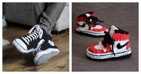 These Sneaker Slippers Crochet Patterns are designed with a sneaker look. They are comfy enough to wear around the house all day long. Crochet Converse Slippers Free Pattern, Crochet Tennis Shoes, Crochet Nike Shoes Pattern Free, Converse Slippers, Slippers Crochet, Diy Slippers, Baby Converse, Converse Style, Sneakers Looks