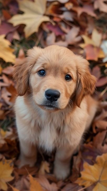 Adorable golden retriever puppy sitting amidst a bed of colorful autumn leaves looking directly upwards. Cute Dogs Images, Cute Animals Puppies, Very Cute Dogs, Cute Wild Animals, Cute Animal Photos, Animal Photos, Little Animals, Golden Retrievers, Cute Little Animals