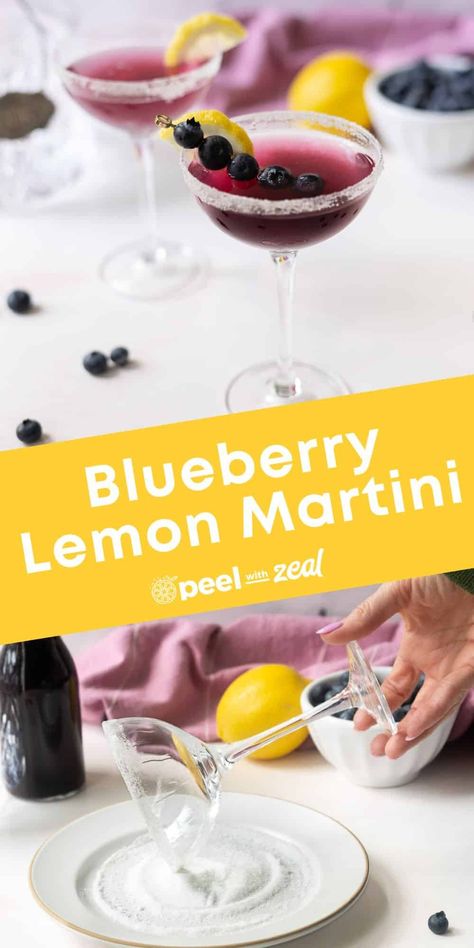 This refreshing blueberry lemon drop martini is sweet, tart, and oh-so delicious! Made with fresh blueberries, lemons, and vodka, for the perfect summer cocktail ready in 20 minutes. Blueberry Lemon Drop Martini, Blueberry Lemon Drop, Lemon Drop Recipe, Blueberry Martini, Gluten Free Cocktails, Lemon Martini, Blueberry Simple Syrup, Blueberry Cocktail, Gin And Prosecco