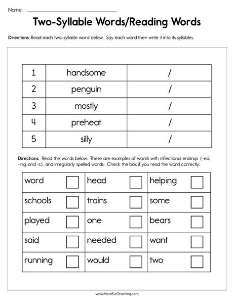 Two Syllable Words Reading Words Worksheet | Have Fun Teaching March Kindergarten Worksheets, Syllables Worksheet, Two Syllable Words, Teaching Syllables, Long Vowel Worksheets, Short Vowel Worksheets, Syllables Activities, Words Worksheet, Cvc Words Worksheets