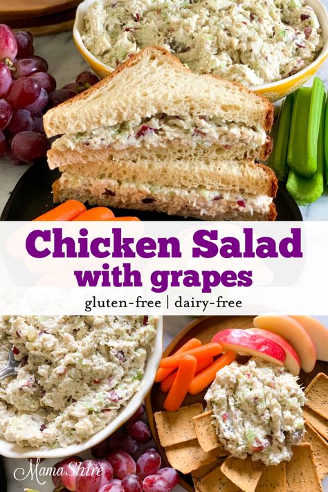 Easy to make gluten-free chicken salad with grapes, perfect in sandwiches or serve as a dip with crackers or chips. Dairy-free. #glutenfreerecipes #dairyfree #chickenrecipes Dairy Free Chicken Salad, Dip With Crackers, Salad With Grapes, Chicken Salad With Grapes, Gluten Free Brands, Gluten Free Dinner Easy, Gluten Free Lasagna, Best Gluten Free Recipes, Gluten Free Recipes Easy