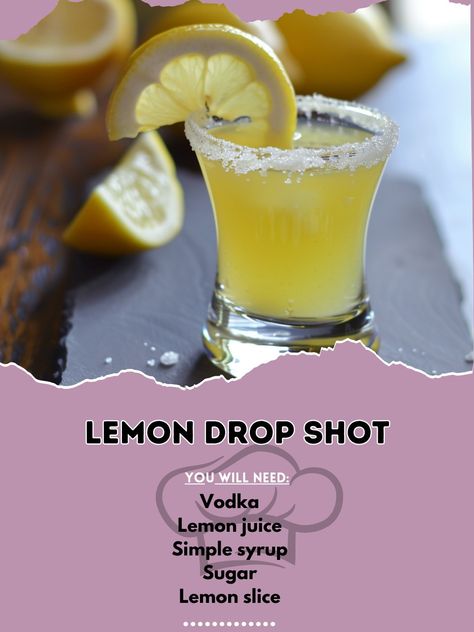 🍋💥 Light up your taste buds with a Lemon Drop Shot! Tart, sweet, and absolutely fun. #LemonDropLove Lemon Drop Shot Ingredients: Vodka (1 oz (30 ml)) Lemon juice (1/2 oz (15 ml)) Simple syrup (1/2 oz (15 ml)) Sugar (for rimming) Lemon slice (for garnish) Instructions: Rim a shot glass with sugar. In a shaker, combine vodka, lemon juice, and simple syrup with ice. Shake well and strain into the prepared shot glass. Garnish with a lemon slice. 🍋🎉 Turn the fun up with a tangy twist! #ShotOfLem... Lemon Drop Shots Recipe, Unique Alcoholic Drinks, Alcohol Shots, Lemon Drop Shots, Vodka Lemon, Holiday Drinks Alcohol, Bar Rescue, Shots Alcohol, Yummy Alcoholic Drinks