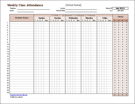 Download a free weekly student attendance tracking record and a monthly class attendance form for Excel. Weekly Attendance Sheet Template, Class Record Template, Class Attendance Sheet, Classroom Attendance Chart, Student Attendance Sheet, Attendance Template, Attendance List, Attendance Register, Classroom Attendance