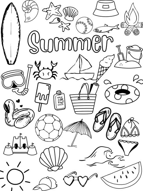 Easy, Printable Summer Colouring Sheet for All Ages Drawing Beach Ideas, How To Draw A Beach, Beach Drawings Easy, Summer Drawings Doodles, Summer Stencils, Summer Drawings Easy, Colouring In Sheets, Summer Sketches, Summer Doodles