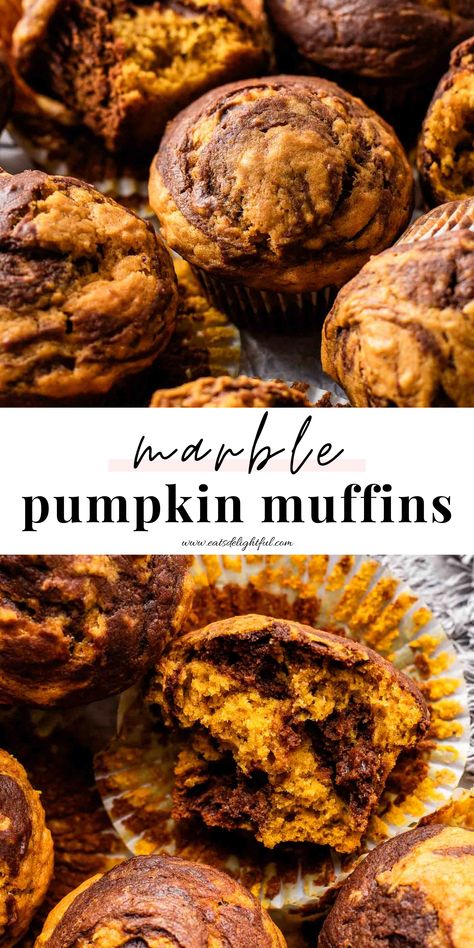 2 stacked images of marble pumpkin muffins on parchment lined wire rack: top image of whole muffin and bottom image of muffin broken in half Apple Butter Muffins, Easy Pumpkin Muffins, Swirl Muffins, Chocolate Pumpkin Muffins, Muffins Chocolate, Pumpkin Muffins Easy, Chocolate Pumpkin, Chocolate Swirl, Pumpkin Apple