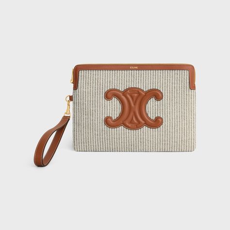 SMALL POUCH WITH STRAP CUIR TRIOMPHE IN STRIPED TEXTILE AND CALFSKIN - BEIGE | CELINE Cuir Triomphe, Fragrance Bottle, Handbags Leather, Small Pouch, Small Pouches, New Fragrances, Small Accessories, Small Leather Goods, Leather Goods