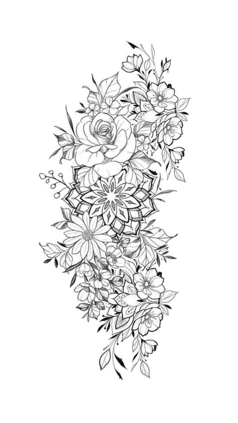 Womens Back Tattoo Ideas, Womens Flower Tattoos, Boho Tattoo Sleeve For Women, Inner Sleeve Tattoos For Women, Mandala Sleeve Tattoo Women, Mandala Floral Tattoo Design, Floral Mandala Tattoo Sleeve, Floral Leg Sleeve Tattoo, Half Sleeve Tattoo Upper Arm