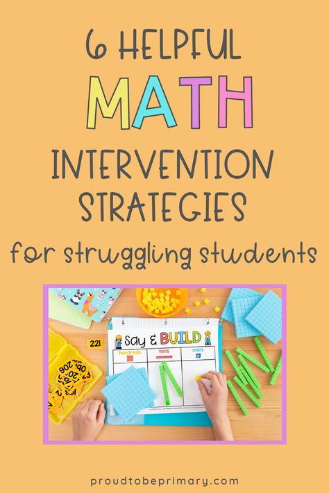 Use these helpful math intervention strategies to scaffold tier 2 and 3 students in the kindergarten, first-grade, or second-grade classroom. The strategies and activities, such as using math manipulatives, math warm-ups, exit tickets, math centers, posters and visuals, and more, are perfect for math centers, warm-ups, morning work, homework, group work, independent work, and small group intervention blocks. Grab the free printable assessment quick checks! Kindergarten Math Intervention Activities, Intervention Specialist Classroom, Math Tutoring Ideas, Math Intervention Classroom Setup, Math Intervention Elementary, Math Intervention Kindergarten, Math Interventionist, Math Intervention Activities, Resource Teacher