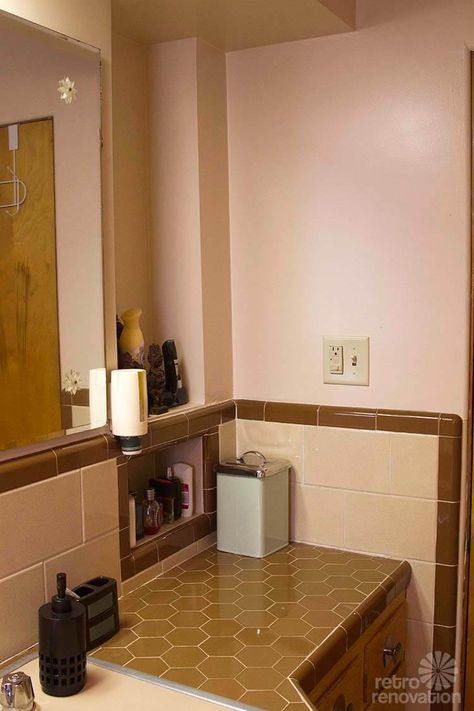 Retro Design Dilemma: Frank wants help decorating his brown and beige tile bathroom - Brown Bathroom Ideas Color Combos, Tan Bathroom Tile, Brown Tiles Bathroom, Tiled Countertop Bathroom, Tan Tile Bathroom Ideas, Retro Tile Bathroom, Tan Tile Bathroom, 1955 House, Brown Bathroom Tile