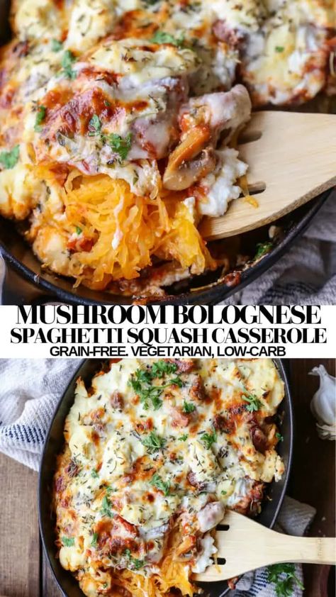 Vegetarian Spaghetti Squash Recipes, Spaghetti Squash Recipes Vegan, Bolognese Spaghetti, Vegetarian Casserole Recipes, Spaghetti Squash Recipes Healthy, Mushroom Bolognese, Vegetarian Spaghetti, Main Recipes, Spaghetti Squash Casserole