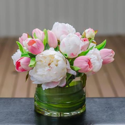 Pink Tulips Arrangement, Tulpen Arrangements, Tulip Arrangement, Tulip Centerpiece, Tulip Decor, Tulips Arrangement, Home Floral Arrangements, Silk Peonies, Faux Floral Arrangement