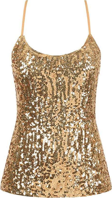 PrettyGuide Women's Sequin Cami Sparkle Fitted Strappy Tank Top Glitter Evening Vest Gold M at Amazon Women’s Clothing store Gold Sequin Top, Strappy Tank Top, Party Tank Top, Rosé Hot, Halter Vest, Strappy Tank Tops, Holiday Tops, Sequin Tank, Sequin Tank Tops