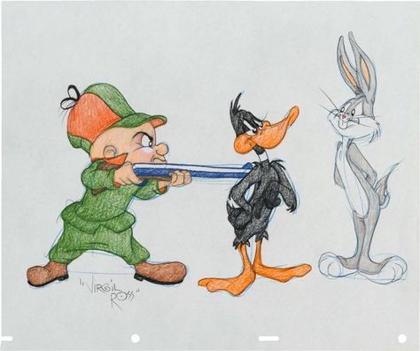 Animation Art:Production Drawing, Virgil Ross Rabbit Seasoning Inspired Bugs Bunny, DaffyDuck, and Elmer Fudd Illustration Original Art (Warner Bro... Elmer Fudd Tattoo, Bugs Bunny Sketch, Elmer Fudd Drawing, Bugs Bunny And Lola Painting, Trippy Bugs Bunny Art, Bugs Bunny Drawing, Bugs Bunny Art Looney Tuneschristmas, The Looney Tunes Show Bugs Bunny, Rabbit Season