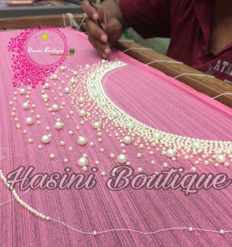 Pearl work Pearl Work Blouse Designs, Pearl Work Embroidery Blouses, Hand Work Design, Maggam Work Designs, Pearl Work, Hand Embroidery Dress, Lehenga Blouse Designs, Maggam Work Blouse Designs, Dress Neck Designs