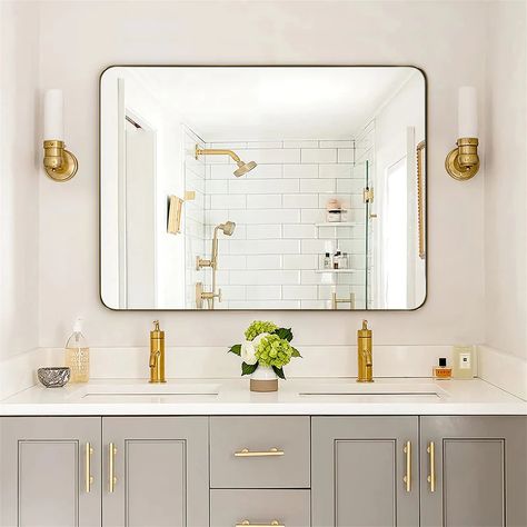 ANDY STAR® Contemporary Brushed Gold Rounded Rectangle Bathroom Vanity Mirror | Stainless Steel Metal Framed | Wall Mounted Horizontal or Vertical – Moon Mirror Rounded Rectangle Mirror, Rectangle Bathroom, Corner Mirror, Rectangular Bathroom Mirror, Gold Framed Mirror, Maximalist Design, Contemporary Bathroom Vanity, Gold Bathroom, Rounded Rectangle