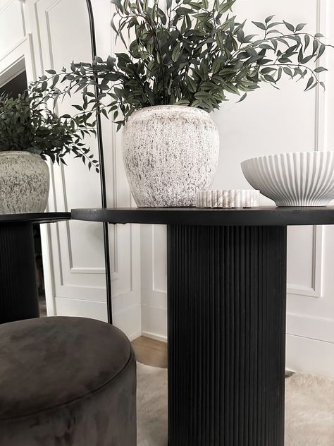 Entryway Round Table, Round Entry Table, Round Table Decor, Curved Furniture, Stair Landing, Whimsical Home, Home Entrance Decor, Black Table, Entryway Furniture