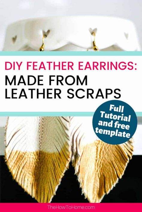 This is a very easy tutorial that will show you exactly how to make leather feather earrings and includes a free template/leather earrings pattern. You can leave the leather earrings as is or use metallic paint to create your own gold leather earrings or any other color you would like to use as an accent. Simple to make and no special machinery needed, just scissors and a sewing machine. #Homemade #Leather #Sewing #Earrings #Feather #Crafts #TheHowToHome Make Feather Earrings, Sewing Earrings, Diy Leather Feather Earrings, Cricut Jewelry, Gold Bar Earrings Studs, How To Make Leather, Leather Feather Earrings, Diy Leather Earrings, Earrings Feather