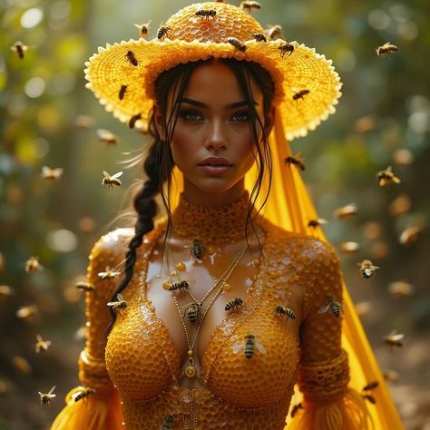 Honeycomb Outfit, Bee Woman, Bee Cosplay, Hyperrealistic Portrait, Ethereal Lighting, Queen Bee Costume, Bee Costume, Golden Honey, Breathtaking Beauty