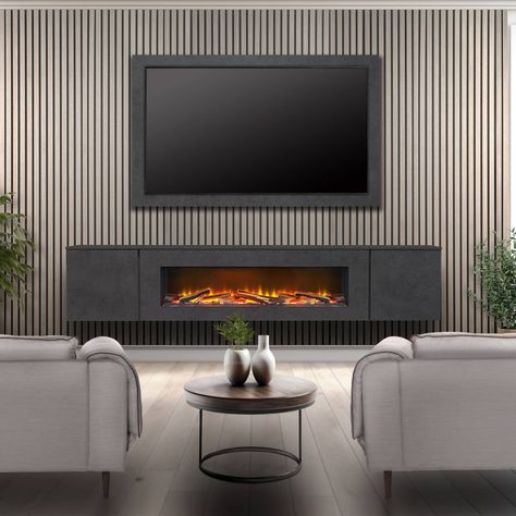 ❗CLEARANCE SALE - was £1499 now only £495 - whilst stocks last 🔥 A customisable, panoramic, electric fire that can be 1,2 or 3 sided into a mediawall build (shown here in suites). The price is for the fire only - not the fire and surround. The length is 1250mm. OUR SHOWROOM ✅ See before you buy ✅ Hundreds of fires and mediawalls on live display ✅ Specialist advice & Installation ✅ Bespoke ordering - create your own space ✅ Showroom exclusive brands Proudly serving and supporting the North ... Tv Unit Fireplace Modern, Under Tv Electric Fireplace, Floating Media Wall, Media Wall With Electric Fireplace, Tv Unit Fireplace, Tv Media Wall Ideas, Tv Unit With Fireplace, Media Wall With Fireplace And Tv, Sitting Room With Fireplace