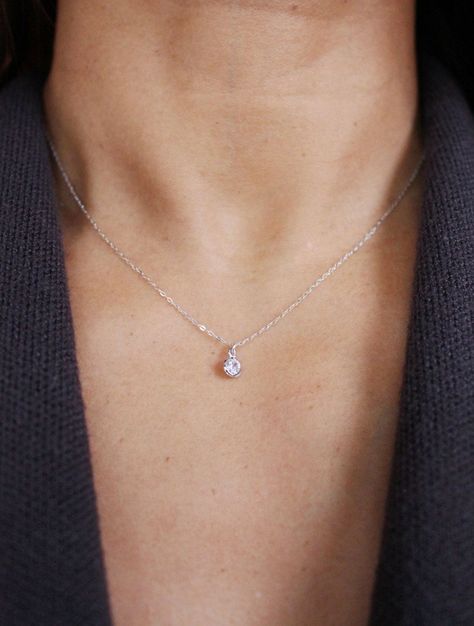 Silver Round Crystal Necklace Dainty Sterling Silver Cubic (affiliate) Pendant Necklace Outfit, Short Silver Necklace, Silver Crystal Necklace, Minimalist Jewelry Silver, Silver Necklace Designs, Hypoallergenic Necklace, Prom Necklaces, Silver Necklace Simple, Pendant Necklace Simple