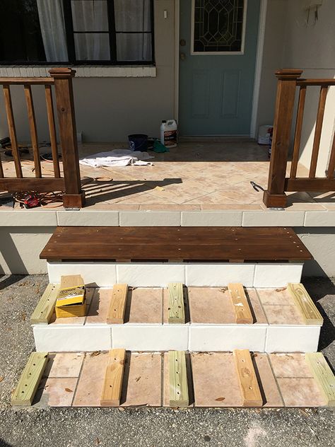 Porch Steps Makeover, Diy Wood Porch, Steps Makeover, Front Porch Remodel, Porch Stairs, Front Porch Steps, Front Door Steps, Wood Porch, Front Porch Makeover