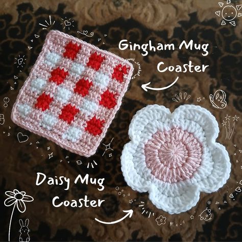 Fun mug coaster ideas! Daisy and Gingham Patterns! Crochet Gingham, Gingham Crochet, How To Crochet Gingham Pattern, Gingham Coaster Crochet, Daisy Flower Coaster Crochet, Small Scale Business, Sell Handmade, Gingham, Coasters