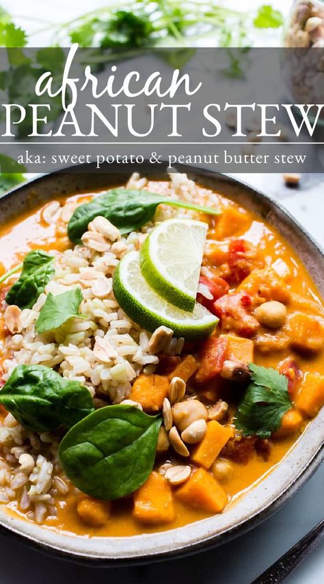 African peanut stew  in a bowl garnished with lime and cilantro. Peanut Stew African, Peanut Soup African, Sweet Potato And Peanut Butter, Soup Sweet Potato, African Peanut Soup Recipe, Butter Soup, Sweet Potato Peanut Butter, Peanut Butter Soup, Stew Easy