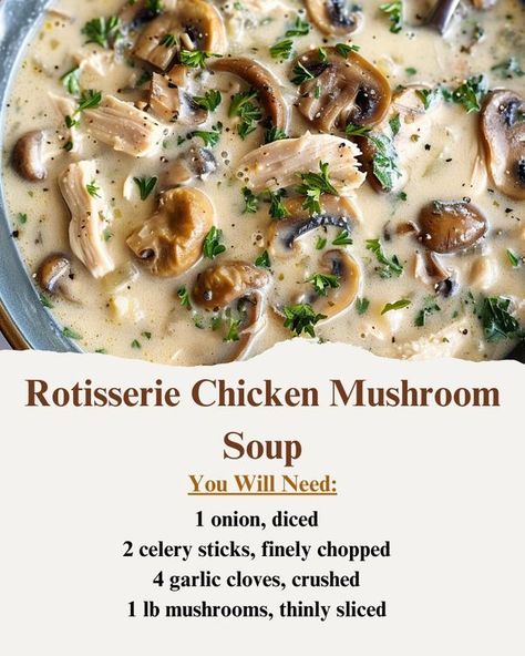 Chicken Mushroom Soup Recipe, Chicken Mushroom Soup, Soup Cozy, Chicken Shredded, Soups Stews Chilis, Soup Ingredients, Comforting Soup, Chicken Mushroom, Mushroom Soup Recipes