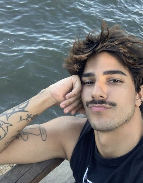 Hot man Japan 80's Aesthetic, Moustache Style, Men's Piercings, Moustaches Men, Beard Boy, Mustache Men, Beard Styles, Good Looking Men, Facial Hair