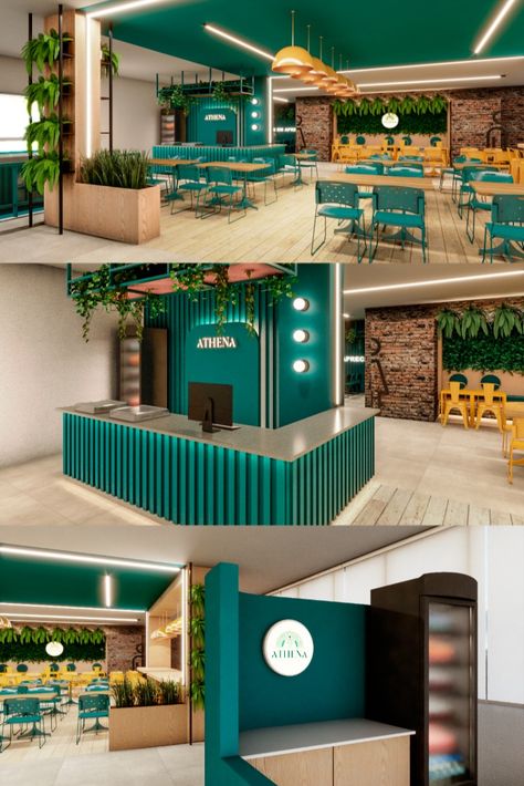 design-de-lanchonetes Restaurant And Cafe Interior Design, Restruant Designs Interior, Ideas Para Restaurantes Decoracion, Cafeteria Design Ideas, Restaurant Wall Design Ideas, Restaurant Decoration Ideas, Fast Food Interior Design, Creative Cafe Interior, Cool Restaurant Design