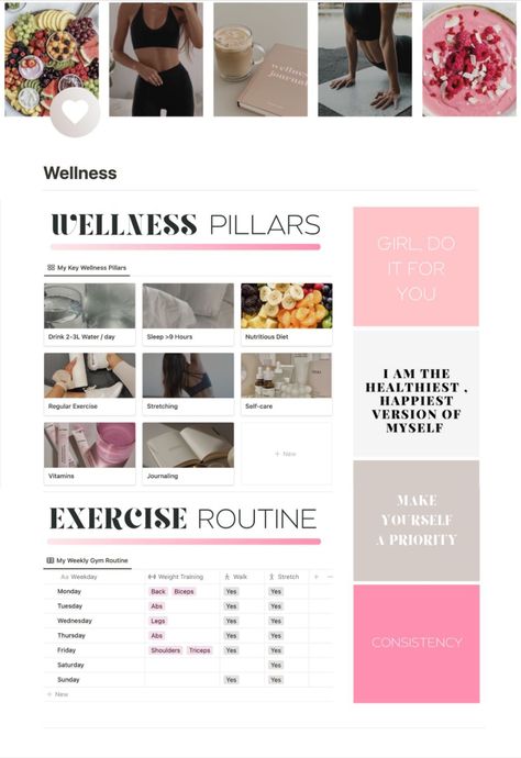 Pink and Aesthetic Notion Page for Health, Wellness, and Fitness Tracking | Notion templates Exercise Notion, Aesthetic Notion Page, Notion Workout Template, Wellness Pillars, Notion Widget, Study Planner Free, Notion Ideas, Weight Gain Journey, Workout Template