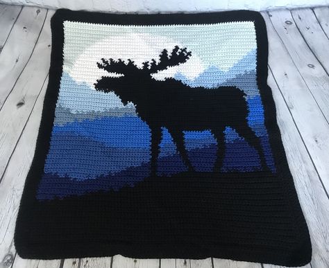 This lanscaped moose blanket is a beautiful addition to any nursery! Crochet Moose Blanket Pattern Free, Crochet Moose Blanket, Moose Blanket, Crochet Moose, Crochet Kids Blanket, Crochet Stitches For Blankets, Custom Crochet, Blanket Stitch, Crochet Blankets