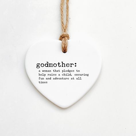 Godmother Gift Ideas - Personalised Hanging Ceramic Ornament Womens gift ideas, a lovely personalised ornament which can be used as a personalised gift tag and a stunning piece of home decor, with a personalised design making it a special gift idea for her. Presented with a jute tie, ribbon and matching gift box also available.  Product Details: Ceramic Ornament. ❤︎  Circle: 7.5cm x 7.5cm with approx thickness of 3mm ❤︎  Heart: 8cm x 7cm with approx thickness of 3mm ❤︎  Star: 8cm x 7cm with appr Gift Ideas For Godparents, Godmother Ornament, Gifts For Godmother, Gifts For Godparents, Godfather Gifts, Tie Ribbon, Godparent Gifts, Godmother Gifts, Gift Ideas For Her