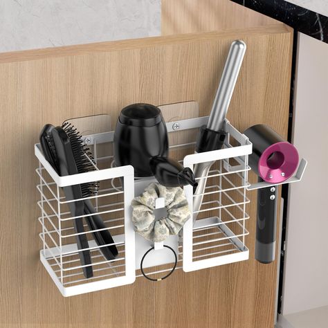 PRICES MAY VARY. 【Unique Storage Structure】The hair dryer organizer consists of 3 compartments, a side support hair dryer rack, and a hook area. The extra large capacity can hold a variety of hair dryers, flat irons, curling irons, hair straighteners, providing a neat solution for storing hairdressing tools, perfect for bathrooms, guest bathrooms, powder rooms. 【Large Storage Capacity & Neat Countertop】FUNKYLEE hair dryer holder provides large storage capacity while also adopting a compact desig Blow Dryer Storage Ideas, Curling Iron Organization, Curling Iron Storage Ideas, Hair Tools Organization, Hair Tools Storage, Hair Accessories Organization, Blow Dryer Storage, Hair Brush Holder, Curling Iron Storage