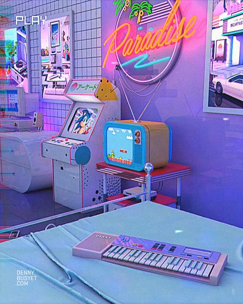 Denny Busyet Dreamlike artwork inspired by 80s / 90s aesthetic nostalgia fueled by synthwave retrowave and vaporwave style. 80s 90s Aesthetic, Aesthetic Nostalgia, 80s Bedroom Aesthetic, Dreamy Places, Vaporwave Wallpaper, Vaporwave Art, 8bit Art, New Retro Wave, Cyberpunk Aesthetic