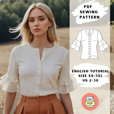 Blouse Sewing Pattern Free Pdf, Blouse Sewing Pattern, Blouse Sewing, Handmade Wardrobe, Blouse Pattern Sewing, Ruffle Sleeve Blouse, Top Sewing Pattern, Puff Sleeve Top, Sewing Patterns Free